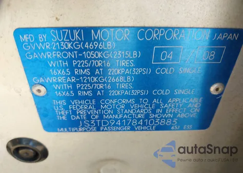 2008 Suzuki Grand Vitara z USA, uszkodzony, nr VIN JS3TD941784103883